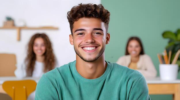 A smiling confident young man poses in a comfortable office setting suggesting his role as a language instructor or educator photo
