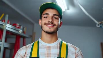 A young smiling carpenter standing confidently in their workshop surrounded by tools and equipment showcasing their professional skills and dedication to their craft photo
