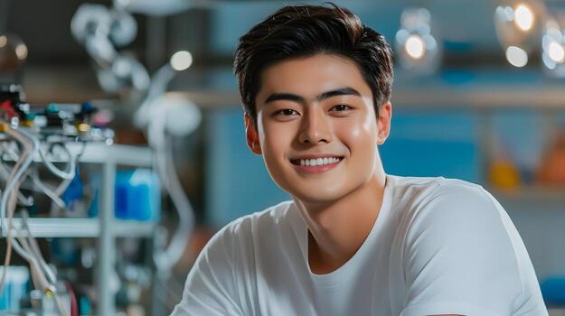 A portrait of a young smiling Asian man who appears to be an engineer posing confidently in a technology filled workplace environment photo