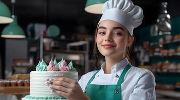 A skilled and smiling female chef carefully decorating a beautifully presented cake in a well equipped bakery setting showcasing their culinary and attention to detail photo