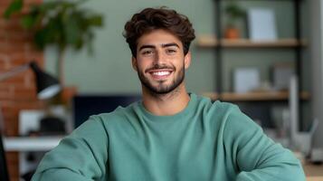 A smiling young man likely a life coach or professional stands in a cozy well lit workspace conveying a positive and confident attitude photo