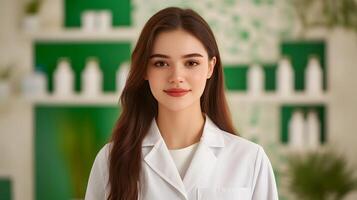 A smiling young woman wearing a white lab coat stands in a setting showcasing her expertise and dedication as a healthcare professional photo