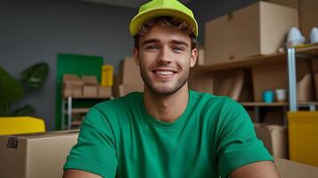 A smiling young man in a green uniform poses confidently in a well organized warehouse ready to deliver packages to customers photo