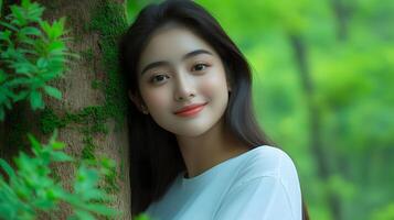 A young woman with a warm smile embracing the trunk of a tree in a serene verdant forest symbolizing her connection to and appreciation for the natural world photo