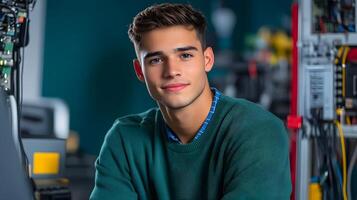 A smiling young man dressed casually posing confidently in a workplace setting with various computer and electronic equipment around him representing his role as a network administrator photo
