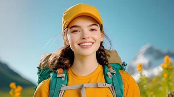 A young happy woman hiking on a scenic mountain trail taking in the natural beauty around her photo