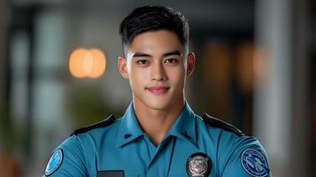 A portrait of a young serious looking security guard dressed in a blue uniform standing in their workplace environment photo