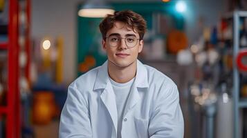A smiling bespectacled young man wearing a casual outfit stands in a modern office or lab environment suggesting his role as a data scientist or researcher photo