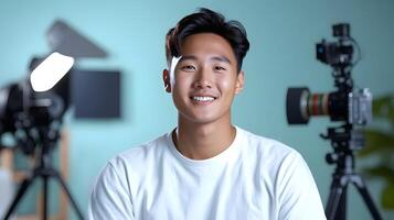 A portrait of a young smiling Asian man who appears to be a videographer or cinematographer posing confidently in a workplace or studio setting surrounded by equipment and lighting photo