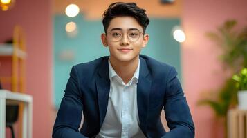 A portrait of a young well dressed financial consultant posing confidently in a modern office setting conveying professionalism and expertise photo