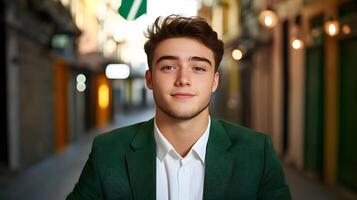 A young confident looking man dressed in formal business attire stands in an urban setting possibly an office or workplace posing for a portrait photo