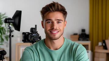 A portrait of a young smiling videographer posing in their modern well equipped workplace or studio surrounded by and production equipment photo