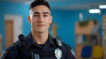 A headshot portrait of a young serious looking police officer in uniform standing in their workplace environment photo