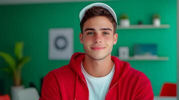 A young confident man in a red hoodie and hat poses in a modern green walled workplace representing a successful content creator or entrepreneur photo