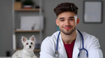 A young friendly looking veterinarian in a clean and professional medical setting wearing a white coat and holding a stethoscope with a small dog in the background photo