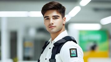 A serious looking young man wearing a security uniform and badge standing confidently in a professional setting such as an office or business environment photo