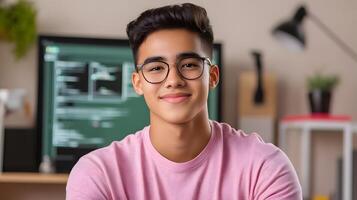 A young confident engineer posing confidently in their modern technology driven workplace surrounded by computer screens and devices photo