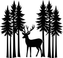 a forest silhouette with a small deer standing among the trees vector