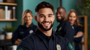 A young smiling corrections officer in uniform standing confidently in their workplace surrounded by colleagues in the background photo