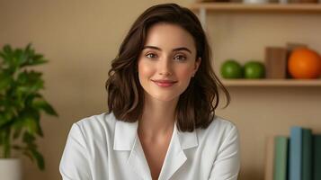 A young friendly and knowledgeable nutritionist stands in a well lit modern office space surrounded by shelves of plants and fresh produce exuding an air of expertise and approachability photo