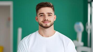 A smiling confident young man in a white shirt stands in a bright green office setting portraying a physical therapist or healthcare professional in their work environment photo