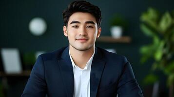 Confident and stylishly dressed young businessman posing for a professional portrait in a modern office setting exuding an air of success and leadership photo