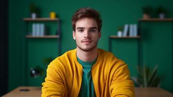 Portrait of a focused and serious looking young professional posing in a modern office setting with green shelves and decor in the background photo