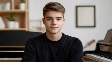 Portrait of a focused serious young man posing in his workplace with a piano visible in the background suggesting his passion and dedication to music photo