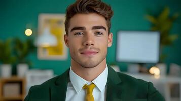 Portrait of a confident and smiling young male tax advisor posing in a professional office setting against a green wall background photo