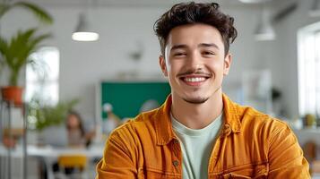 Cheerful young professional posing confidently in the office environment ready to provide friendly and expert IT support services photo