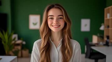 Confident and cheerful young woman a wellness blogger posing in her cozy and modern office workspace surrounded by nature and personal touches photo