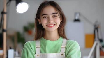 Cheerful young woman dressed casually posing confidently in a modern well lit workspace representing a content creator or digital professional photo