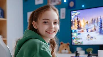 Focused and enthusiastic young woman relaxing at home and playing games on a screen or monitor photo