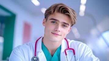 Friendly smiling portrait of a young male medical professional in a white coat and stethoscope posing confidently in a hospital or clinic setting photo