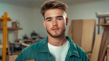 Portrait of a confident young carpenter standing in his well equipped workshop surrounded by tools and materials used in his skilled craft photo