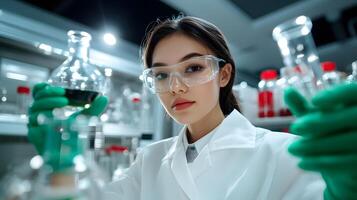 Female scientist in lab coat focuses intently while conducting an experiment with scientific equipment and glassware photo
