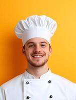 A cheerful confident chef in a white uniform and toque hat smiles broadly while standing in front of a vibrant orange background showcasing their culinary expertise and passion for their profession photo
