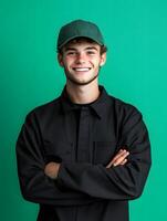 Cheerful and confident young man wearing a black uniform and cap with his arms crossed standing in front of a vibrant green background photo