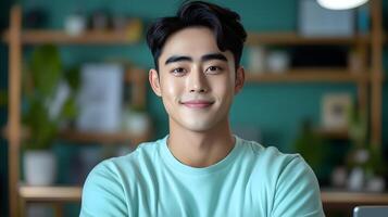 Confident young Asian man smiling and posing in a professional indoor setting with a focused and positive expression photo