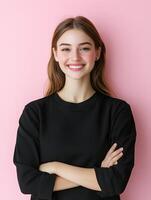 A young vibrant woman with a warm friendly expression and a confident welcoming demeanor She is wearing a black top and has her brown hair styled casually creating a natural photo