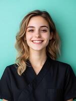 A vibrant portrait of a young smiling woman with wavy blonde hair dressed in a professional black outfit standing against a pastel colored background conveying a sense of confidence style photo