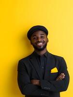 A young friendly and outgoing African man in a formal hotel uniform smiling and posing confidently as a hotel front door greeter photo