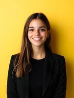 A portrait of a cheerful and confident young woman wearing a black jacket smiling warmly against a vibrant yellow background suggesting her role as an experienced and skilled event planner photo