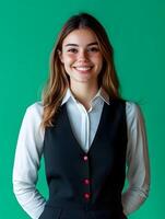 A young smiling woman wearing a business vest and shirt stands confidently against a green background exuding a welcoming and friendly demeanor photo