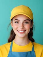 A cheerful and friendly young woman in a yellow uniform and hat smiling confidently against a vibrant turquoise background photo