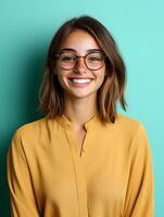 Cheerful and confident portrait of a young woman in casual attire smiling at the a social media specialist or marketing professional photo