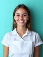 A cheerful friendly looking young woman wearing a white uniform shirt smiling confidently while posing against a clean minimal color background photo