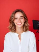 Cheerful and confident young woman posing for a portrait photo in a studio setting with a red background