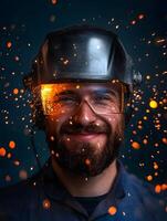 A close up portrait of a rugged bearded man wearing a protective welding helmet surrounded by the intense glow and sparks of his work as a welder photo