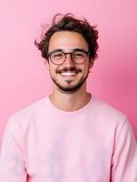 A cheerful and confident young man with curly hair and glasses smiles directly at the a friendly and engaging expression in a modern studio style portrait setting photo